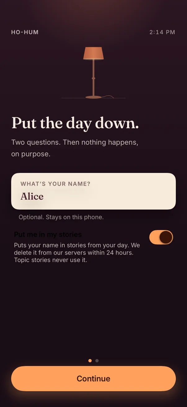The first Ho-Hum screen on iPhone: a floor lamp above the words Put the day down.